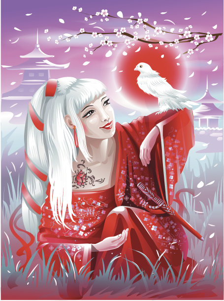 穿着红色和服和一只白色小鸟的亚洲女孩图片下载