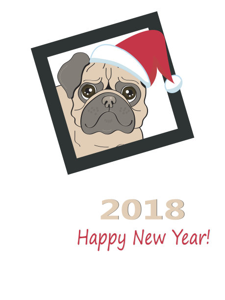 2018年新年贺卡。戴着圣诞帽的哈巴狗和发短信的地方。图片下载