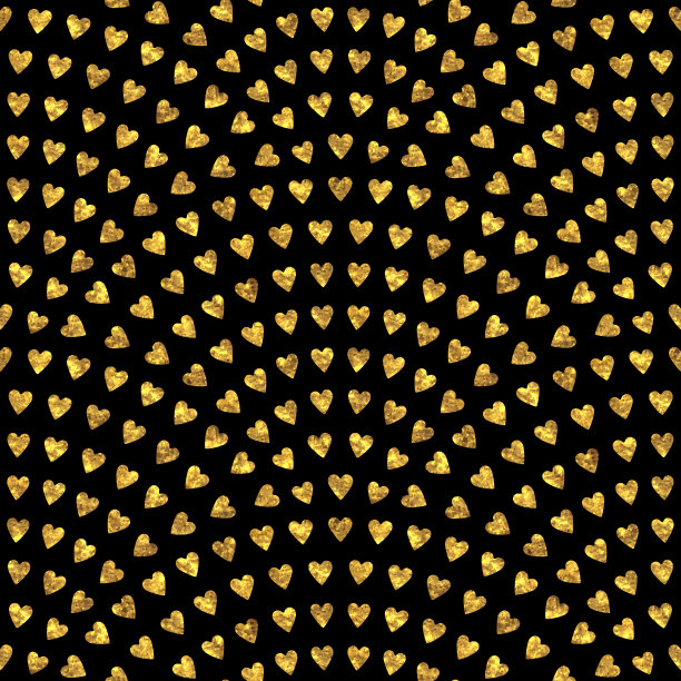 采用几何鱼鳞布局的无缝波浪图案。金色风格化的心在黑暗的背景。扇形情人节装饰品。节日装饰。墙纸、节日包装纸、纺织品图案、蜡染漆图片下载
