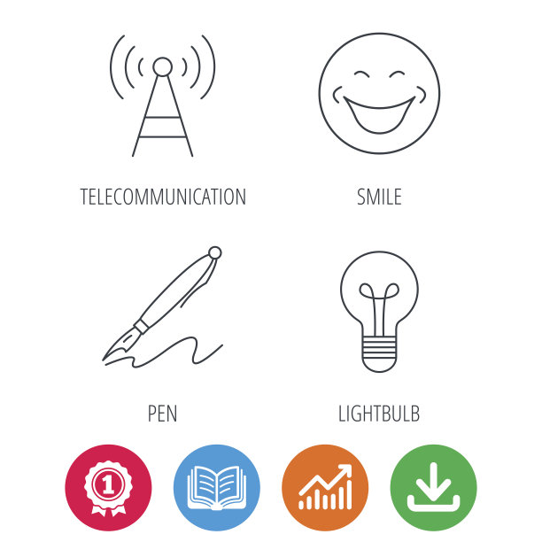钢笔、电信和灯泡图标。图片下载