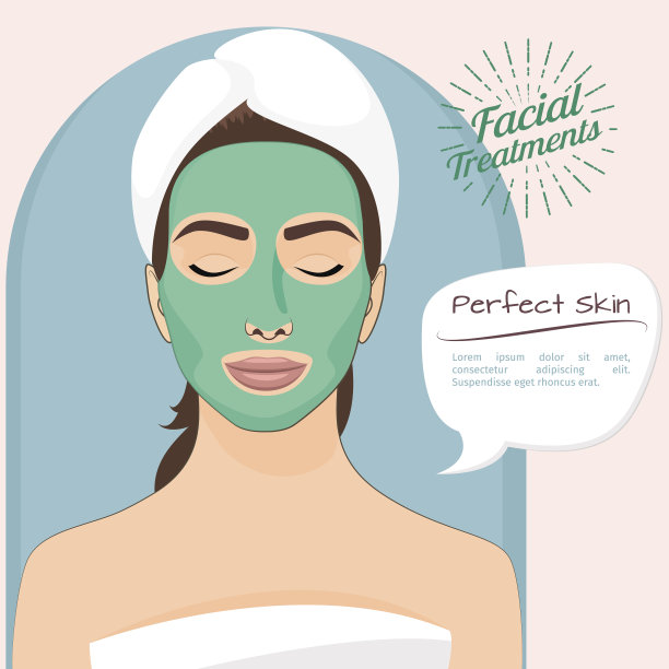 完美的皮肤矢量插图。美丽的女人与脱皮的绿色面膜图片下载