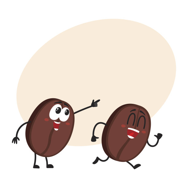 两个有趣的咖啡豆角色，指向，显示方向和奔跑图片下载