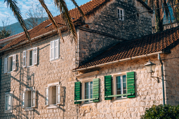 绿色的百叶窗。房屋的正面图片下载