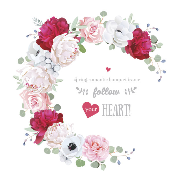 豪华花卉矢量圆形框架与鲜花。素材图片