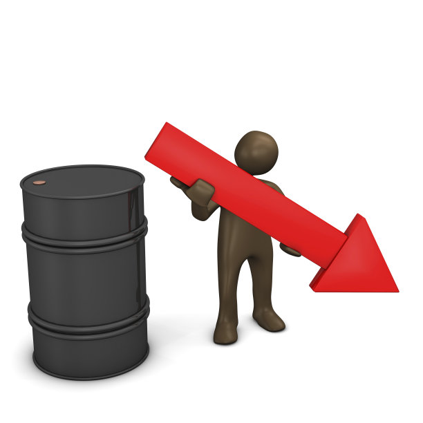 石油价格下降。3d插图与黑色卡通人物。图片下载