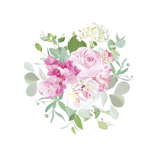 玫瑰、牡丹、绣球花、紫花百合、桉树花束素材图片