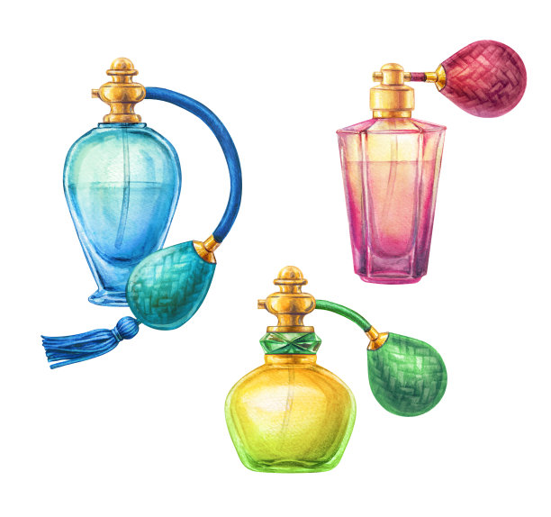 水彩香水瓶，丝带标签，香云，空白化妆品瓶剪辑艺术，时尚插图孤立在白色背景图片下载