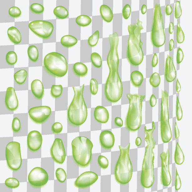 透明的绿色水滴沿圆柱形表面流动图片下载