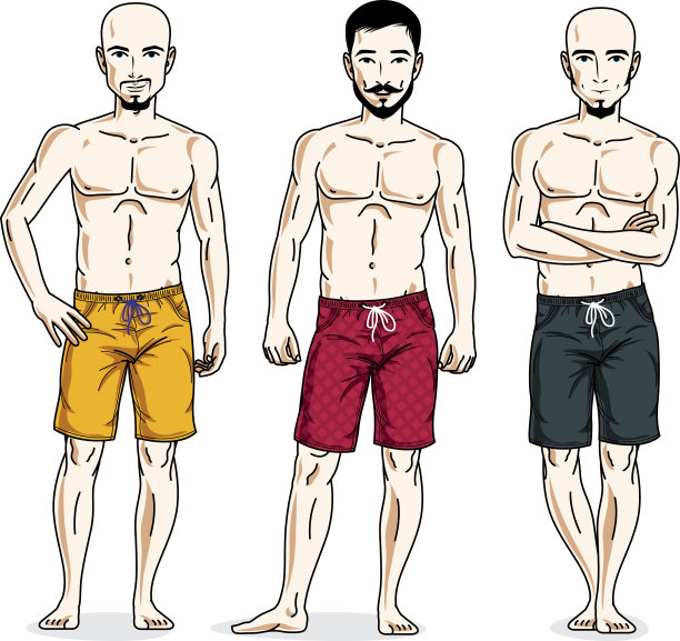 英俊的男人摆着运动的姿势，穿着沙滩短裤。矢量字符集合。图片下载
