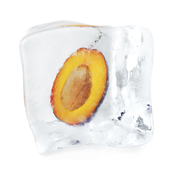 把梅子和骨头冻在冰块里，冰块在正面，单个冰块孤立在白色背景上。三维渲染图片下载