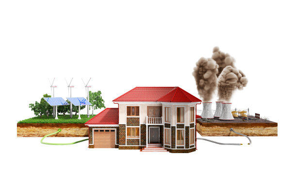 该住宅连接太阳能板和风标，而不是热电站的3d渲染图片下载