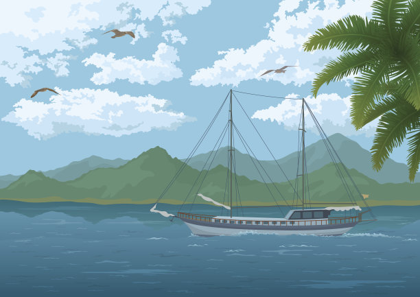 海景：船只、山脉与飞鸟素材图片