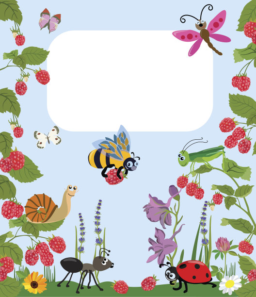 快乐的昆虫动物卡通与浆果和鲜花。矢量插图。图片下载