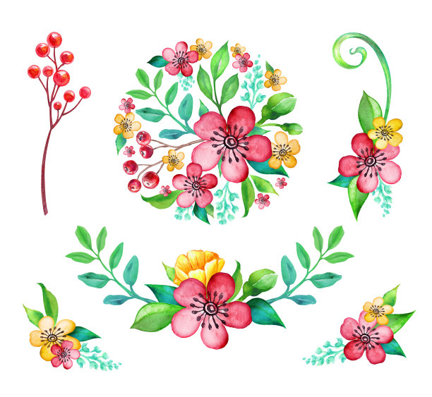 水彩可爱的花卉插图集，花圆形花束，花环，角落，边界，派对设计元素集孤立的白色背景，节日剪辑艺术图片下载