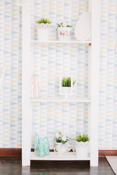 室内装饰-白色木架子上有植物。图片下载