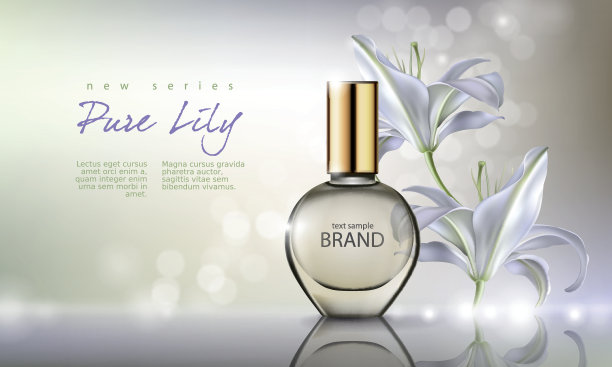 矢量插图香水在一个玻璃瓶子上的背景与豪华的白色百合图片下载