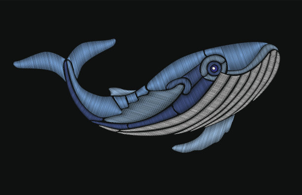 刺绣蓝鲸。织物上的仿手工刺绣针法。向量图片下载