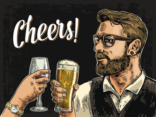 潮人拿着啤酒碰杯，女子拿着鸡尾酒素材图片