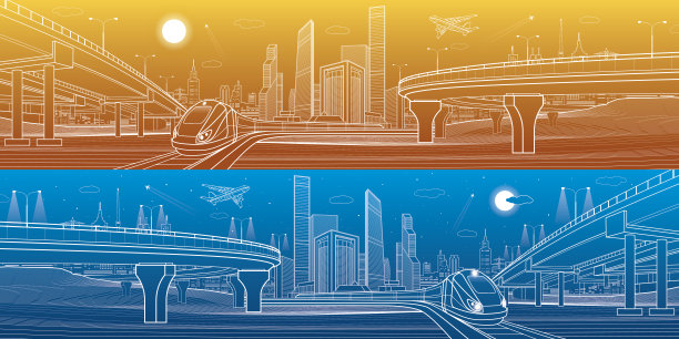 汽车公路、基础设施和交通全景、飞机飞行、火车移动、夜城、高楼大厦、城市景观、矢量设计艺术图片下载