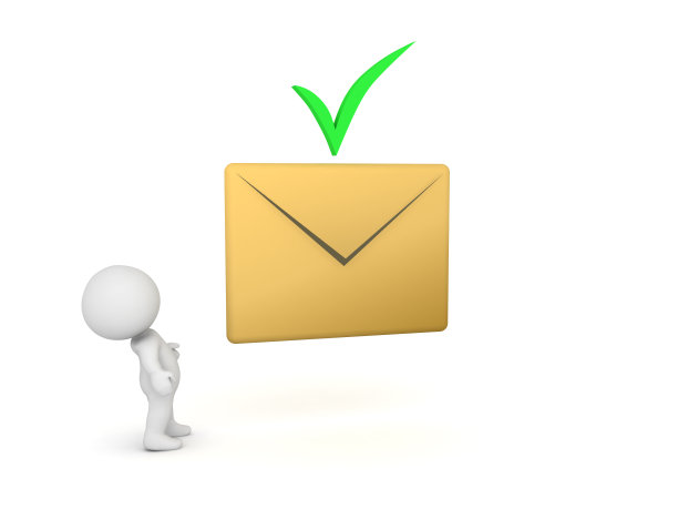 3D字符看电子邮件信封图标与绿色复选标记图片下载