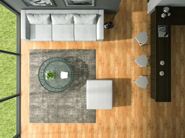 俯视图室内现代设计房间l 3D效果图图片下载