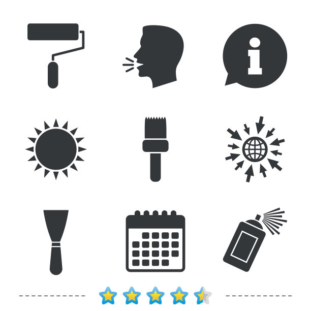 油漆滚筒，刷子图标。喷雾罐和抹刀。图片下载