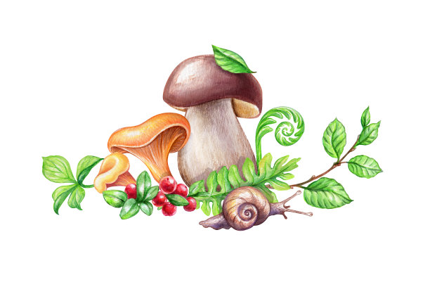 水彩插图，森林元素，牛肝菌，蘑菇，蕨类，树叶，浆果，孤立的白色背景图片下载