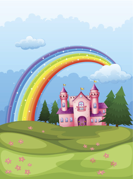 山顶上的城堡，天空中有彩虹图片下载