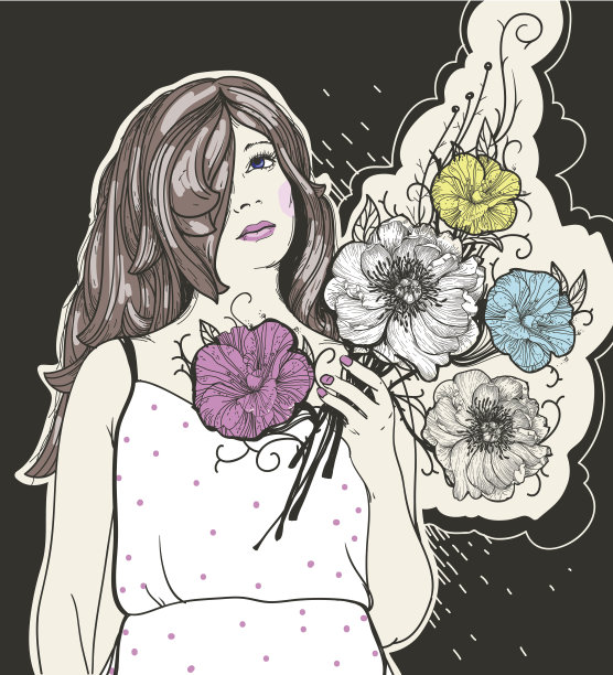 矢量插图的一个年轻的女孩与鲜花图片下载