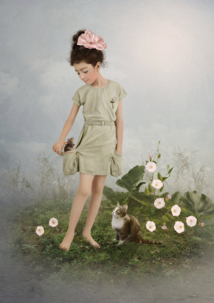 微笑的小女孩和老鼠和猫图片下载