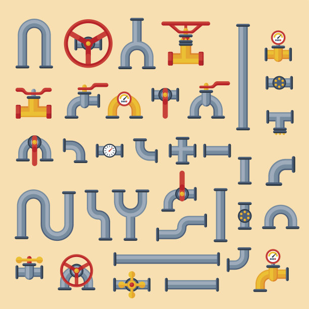 详细介绍管道不同类型的收集水管道、工业气体阀门构造和石油工业压力管道技术矢量插图图片下载