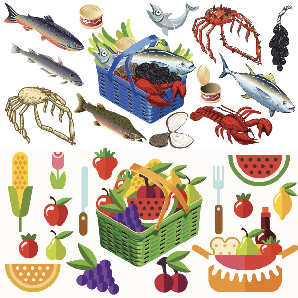食物集鱼和蔬菜三维等距图片下载