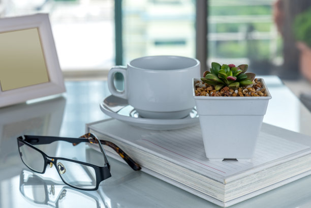 咖啡杯，多汁的花盆，眼镜，现代餐桌上的书图片下载