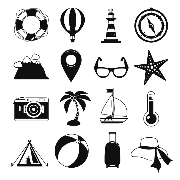 夏天的时间。向量黑色图标设置。日出、出海、度假旅游。单色休闲插图图片下载