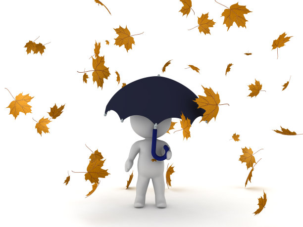 手持雨伞，周围落满秋叶的3D角色素材图片