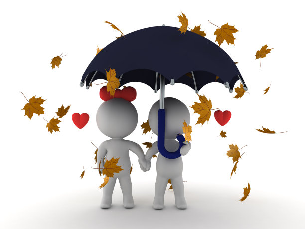 三维插图的相爱的夫妇坐在一起的伞与树叶落下图片下载