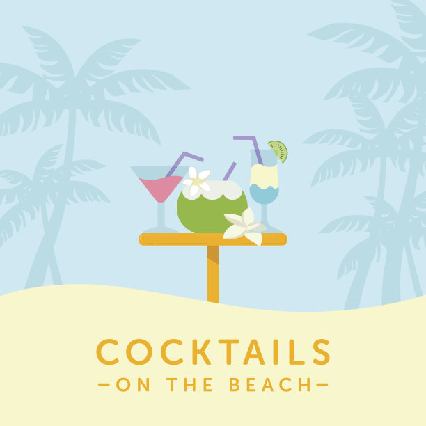 鸡尾酒和酒吧桌子上的棕榈剪影背景。热带度假插图。图片下载