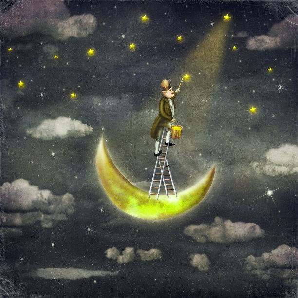 人在高梯子的顶端画星星图片下载