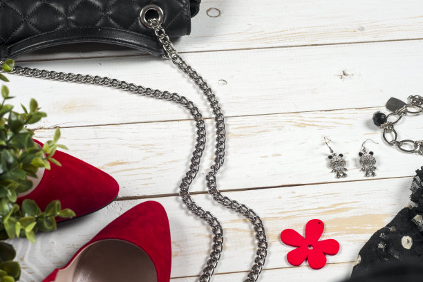 女性服装设置和配件在白色木制背景。图片下载