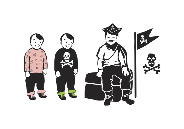 微笑海盗坐在宝箱与派对双胞胎兄弟图片下载