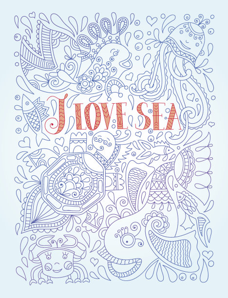 蓝色插图，有趣的鱼，章鱼，乌龟图片下载