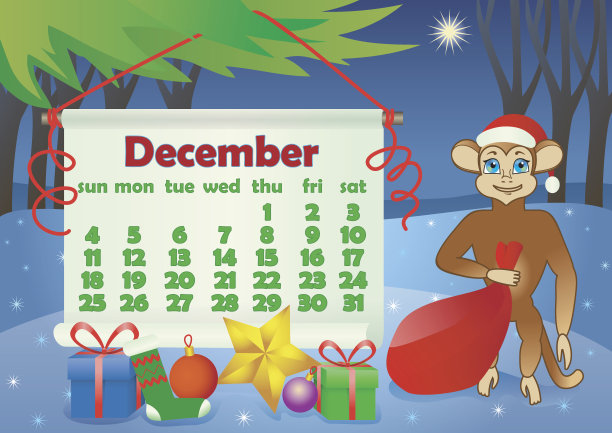 日历2016年与猴子。12月图片下载