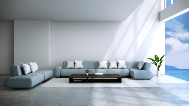 现代的房间内部靠近海滩与天空和海景/3d渲染图片下载