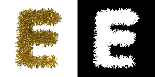 字母E圣诞金丝与阿尔法蒙版通道剪辑- 3D插图图片下载