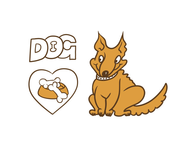 向量幽默漫画人物。可爱的红狗坐着，梦想着那碗美味的食物图片下载