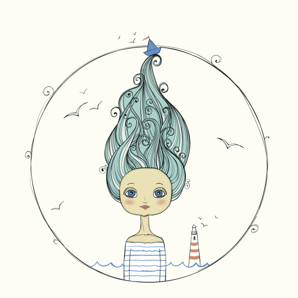 美丽的女孩与飞扬的头发在海军背景。图片下载