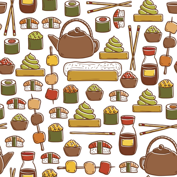 无缝背景与可爱的卡通手绘对象在日本图片下载