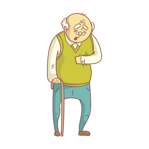 一位拄着手杖忍受着心脏疼痛的老人。彩色卡通人物孤立图片下载