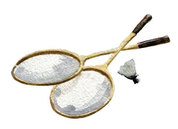 水彩素描羽毛球拍和羽毛球在白色的背景素材图片