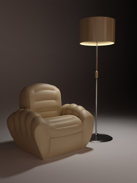 皮革扶手椅和灯在简单的背景。晚上室内设计图片下载